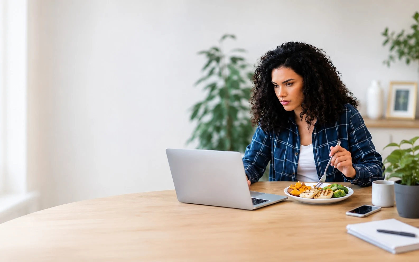 Frau am Esstisch mit gesunder Mahlzeit, daneben Laptop, Hantel, Notizbuch und Trainingsmatte — Training und Ernährung im Alltag vereint