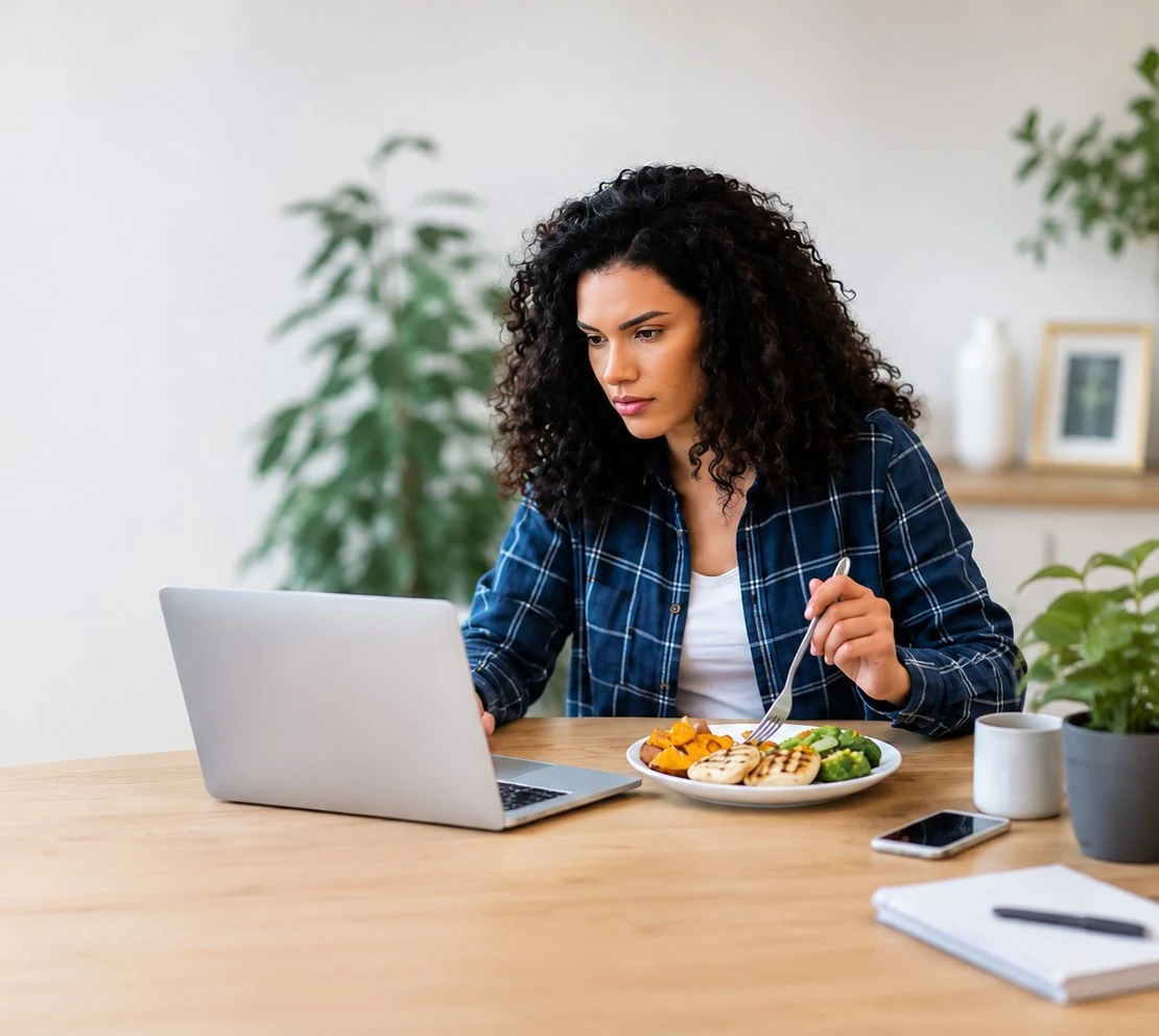 Frau am Laptop bei einem gesunden Essen zu Hause